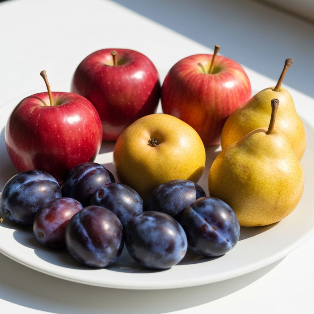 Fresh stone fruits including apples and pears